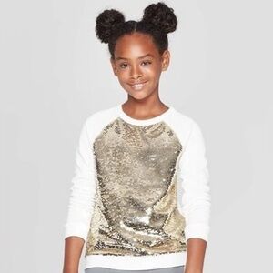 (A9) Cat & Jack Girls Cream Gold Sequin Cute Fun Pullover Sweatshirt L 10 12